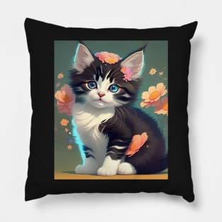 Beautiful Calico Kitten with Flowers - Modern Digital Art Pillow