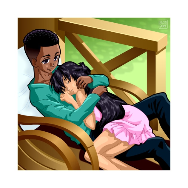 AFRO-ANIME illustration Interracial cupid by elkingrueso