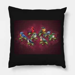 Christmas Holiday Birds Red Pillow