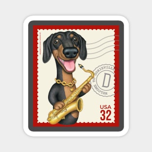 Funny Doxie playing Sax on vintage postage stamp Magnet