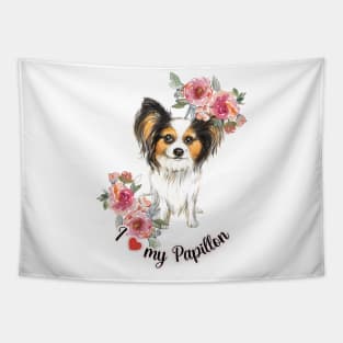 I Love My Papilllon Cute Yorkshire Terrier Puppy Watercolor Art Tapestry