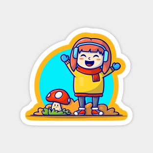 Happy Cute Girl with Cute Mushroom Autumn Cartoon Vector Icon Illustration Magnet