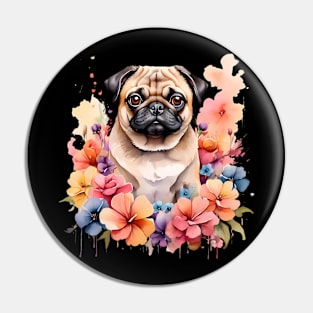 A pug decorated with beautiful watercolor flowers Pin