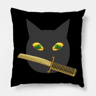 Halloween Ninja Cat. Black Cat with Jack o Lantern Eyes and Sword. (Black Background) Pillow