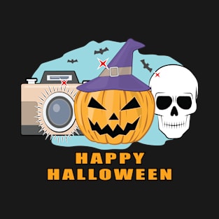 Happy Photography Halloween - Spooky Skull, Pumpkin & Camera T-Shirt