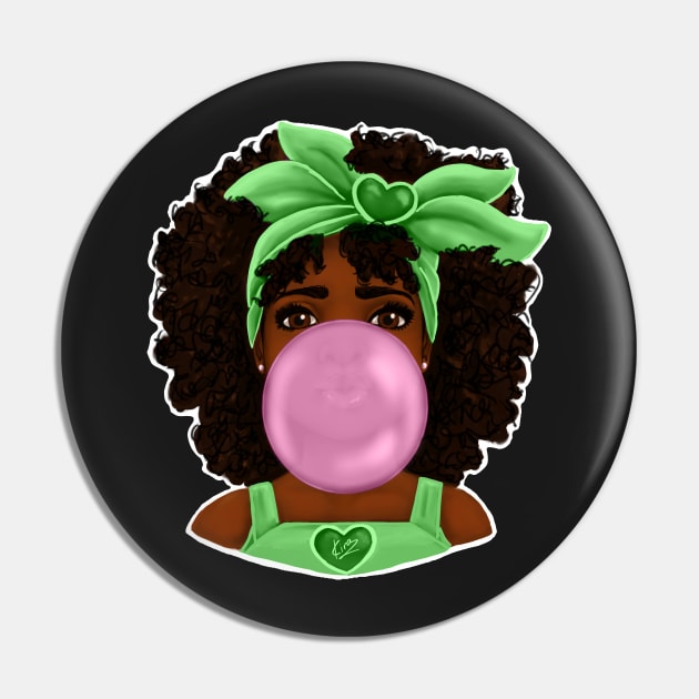 Green Bubble Gum | Pretty Black Girl Art Design Pin by kiraJ