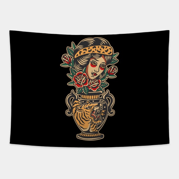 Women Flower Vase Traditional Tattoo Tapestry by Abrom Rose