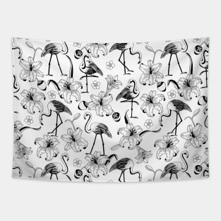 Tropical Flamingo Floral Black and White Tapestry