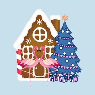 Christmas Gingerbread House Romantic Flamingos T-Shirt