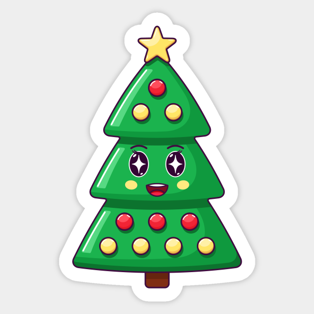 Cartoon Kawaii Christmas Tree With Star Strucking Face Christmas Tree Funny Sticker Teepublic