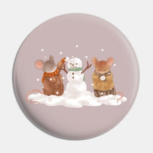 Snowy Winter Cottagecore Mice Building a Snowman Pin