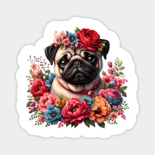 A pug decorated with beautiful colorful flowers. Magnet