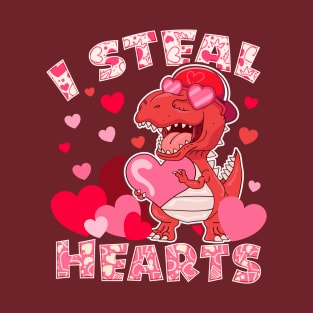 Boys Valentines Day  Dinosaur T rex Lover I Steal Hearts T-Shirt