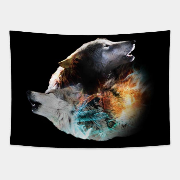 Yin-Yang Wolf, Ice Fire Smoke Wolves Tapestry by Random Galaxy