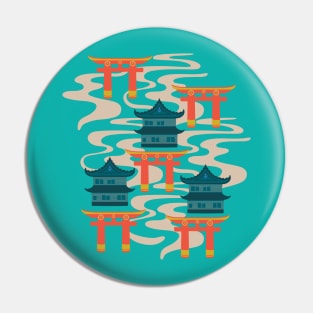 EDO Traditional Japanese Castles and Oriental Japan Torii Gates with Flowing River in Rainbow Palette Turquoise Orange Teal Yellow - UnBlink Studio by Jackie Tahara Pin