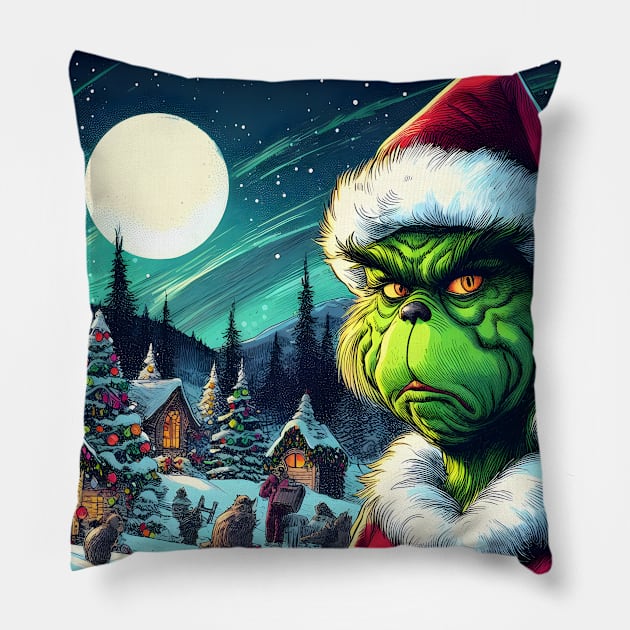 Whimsical Holidays: Grinch-Inspired Artwork and Festive Delights Pillow by insaneLEDP