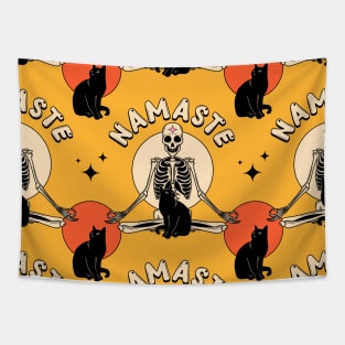 Yoga Namaste Black Cat Pattern in yellow Tapestry