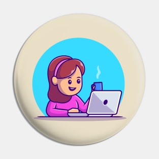 Cute Girl Working On Laptop With Cup Coffee Pin