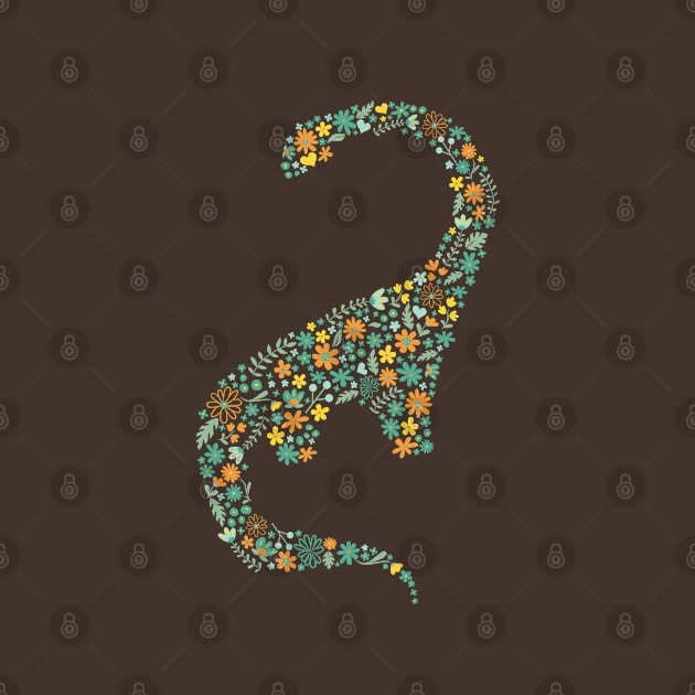 Floral Brontosaurus in Orange + Teal by latheandquill