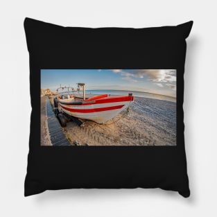 Fisheye view of traditional crab fishing boat on Cromer beach, Norfolk Pillow