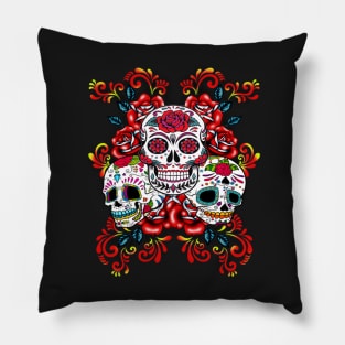 Triple Skull Red Floral Day Of The Dead Sugar Skulls Pillow