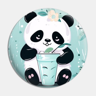 Panda with a chill beverage surrounded in cool green Pin