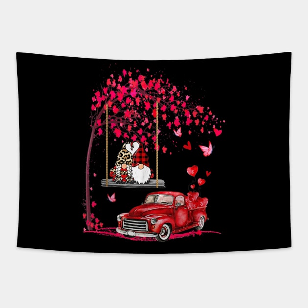 Gnomes Red Truck Tree Valentine's Day Gift Shirt Tapestry by Krysta Clothing