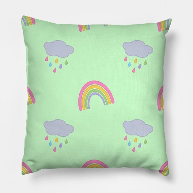 Rainbow and Rain Clouds Pattern in Green Pillow by Kelly Gigi