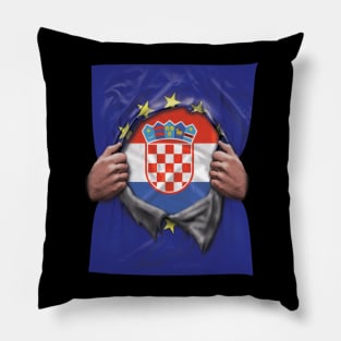 Croatia Flag European Union Flag Ripped Open - Gift for Croatian From Croatia Pillow