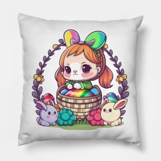 Cute Easter Bunny Girl In Basket. Spring Rainbow Flowers and Easter Eggs Pillow