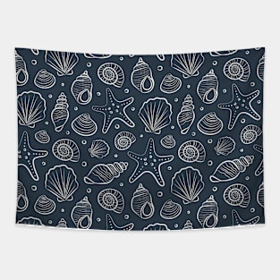 Boho Seashells Under The Sea Beachy Nautical Pattern Dark Blue Tapestry