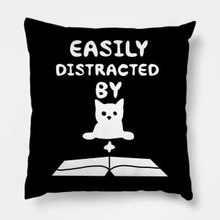 Easily Distracted By Cat And Book Pillow