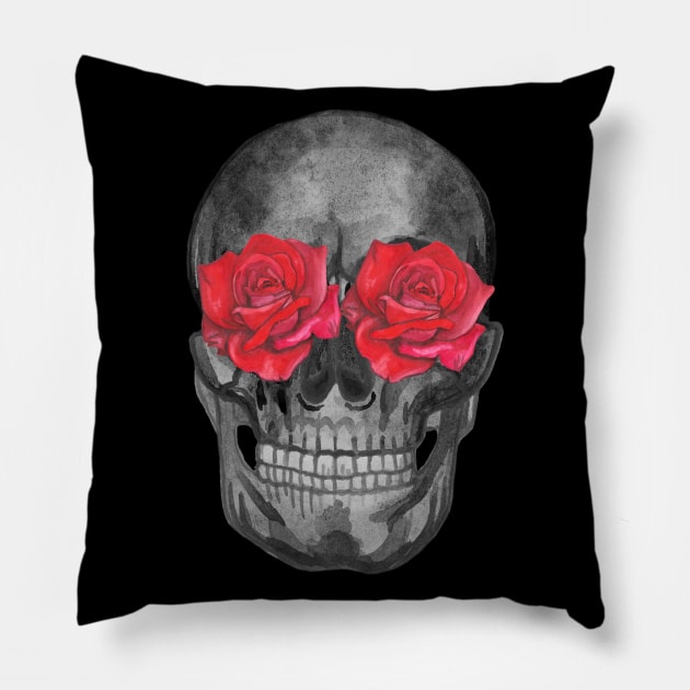 Skull with roses flowers Pillow by deadblackpony