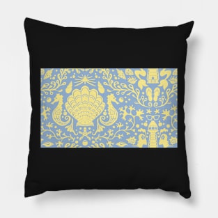 blue summer beach damask pattern with yellow seashells Pillow