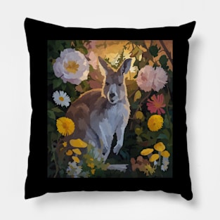 watercolor flowers surrounding a wild Kangaroo Pillow