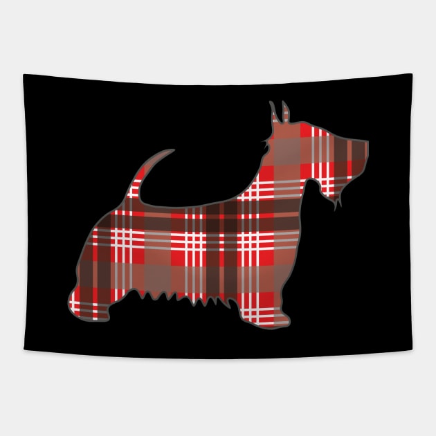 Red, Black and White Tartan Scottish Terrier Dog Silhouette Tapestry by MacPean