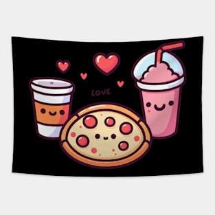 Cute Kawaii Food Art | Pizza Party with Pepperoni Pizza, Cola and Milkshake Tapestry