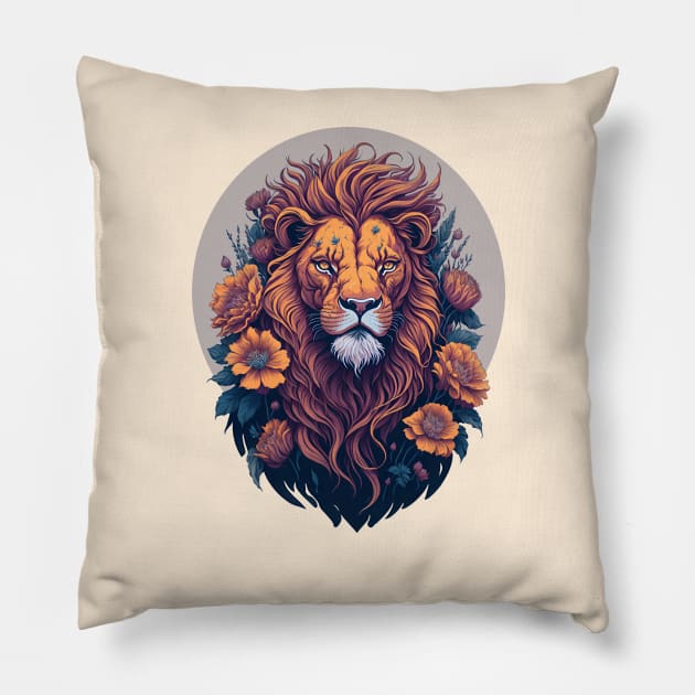 Floral Bloom Lion King Vintage Classic Style Pillow by Sekaifi Studio