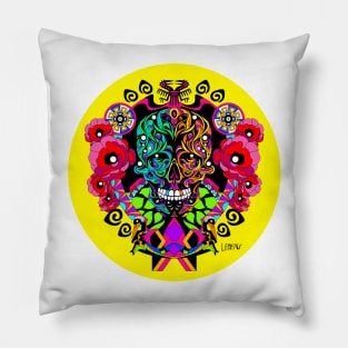 yellow skull in tree of life ecopop in zentangle totonac patterns Pillow