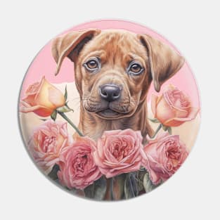 Puppy with pink rose, Valentine Pin