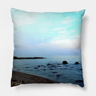 Quiet shore of the Adriatic sea with a lot of small rocks in it Pillow