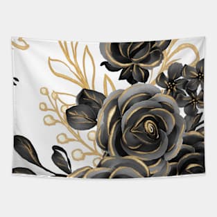 Floral Rose Art Golden Black Tapestry