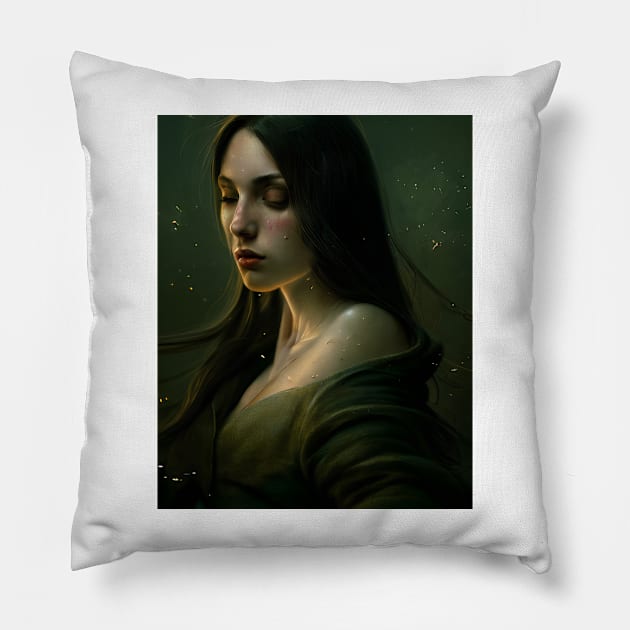 Madison- Portrait Of A Beautiful Sad Lady In Green Dress Pillow by AIPerfection