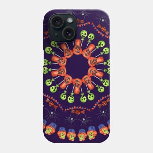 CUPCAKE AND SKULLS CARVED PUMKINS AND SPIDERS WITH CANDY HALLOWEEN DESIGN on dark purple Phone Case