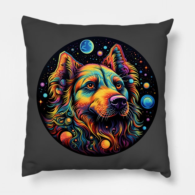 Colorful space dog with planets Pillow by Unelmoija