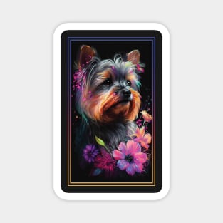 Yorkshire Terrier Dog Vibrant Tropical Flower Tall Digital Oil Painting Portrait Magnet