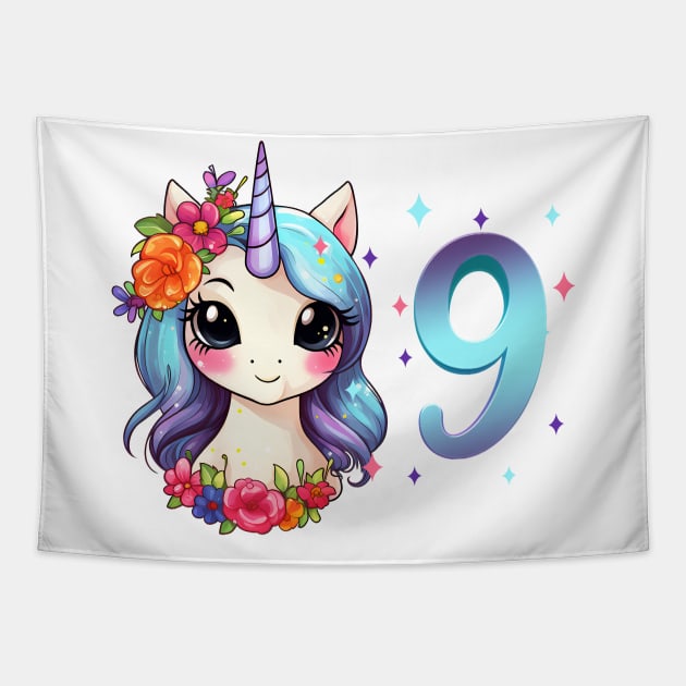 I am 9 with unicorn - girl birthday 9 years old Tapestry by Modern Medieval Design