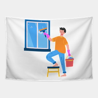 Hand Drawn "Boy Cleaning The Window" Tapestry