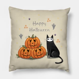 Halloween cute black cat and spooky pumpkin. Pillow