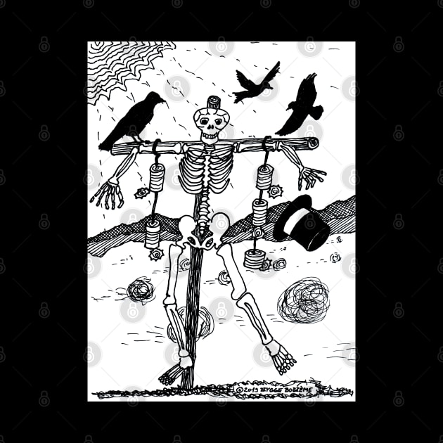 Skeleton scarecrow ravens Halloween drawing by Pragonette